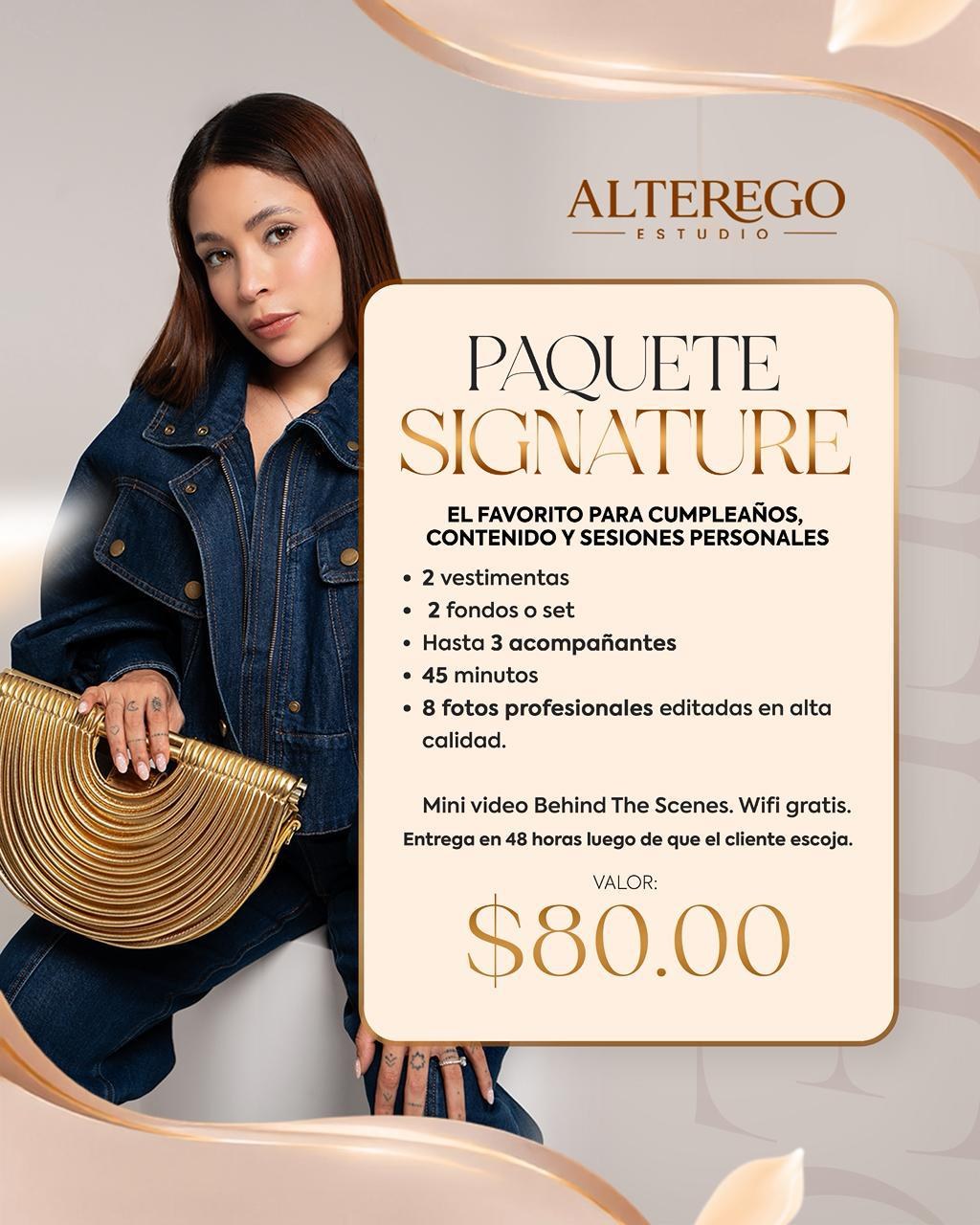 Paquete Signature — 45 min, $80 USD, hasta 3 acompañantes